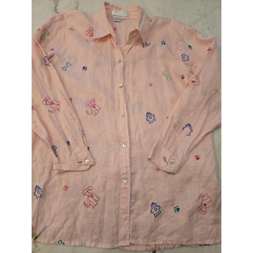 Vintage Casey Coleman 100% Linen Long Sleeve Button Down With Dog Embroidery Lg